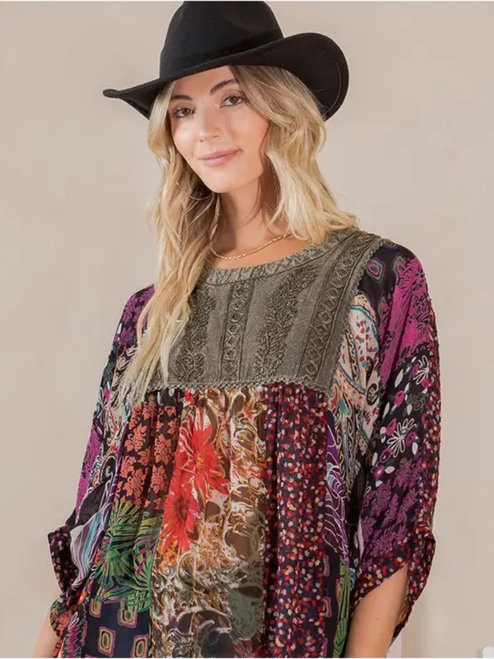 Young Threads Boho Patchwork Peasant Blouse - Purple Multi Size S
